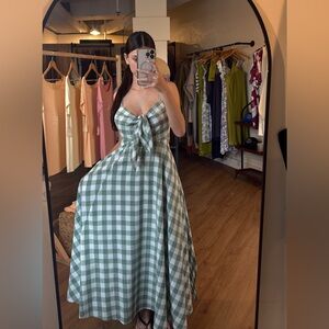 Tie-Front Gingham Midi Dress in Sage Green